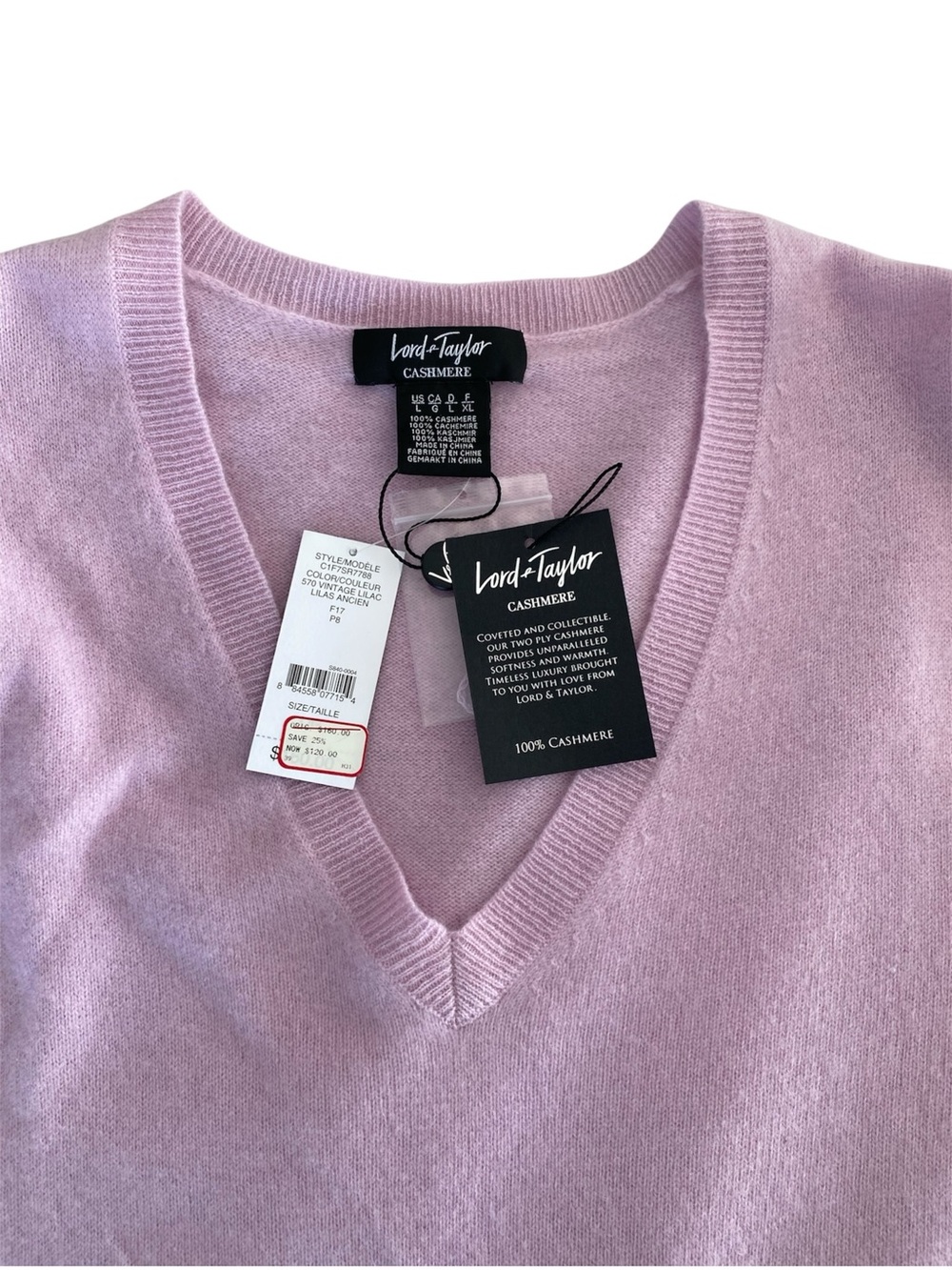 Lord & Taylor 100% Cashmere 2 Ply Cashmere Sweater Lilac ancien v-neck lavender - Picture 3 of 5